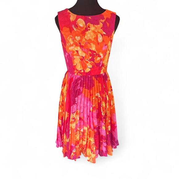 Adrianna Papell orange & pink floral pleated dress - Picture 1 of 6